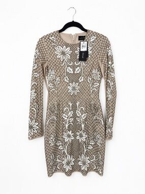 Needle & Thread Taupe Mini Dress with White Floral Beading